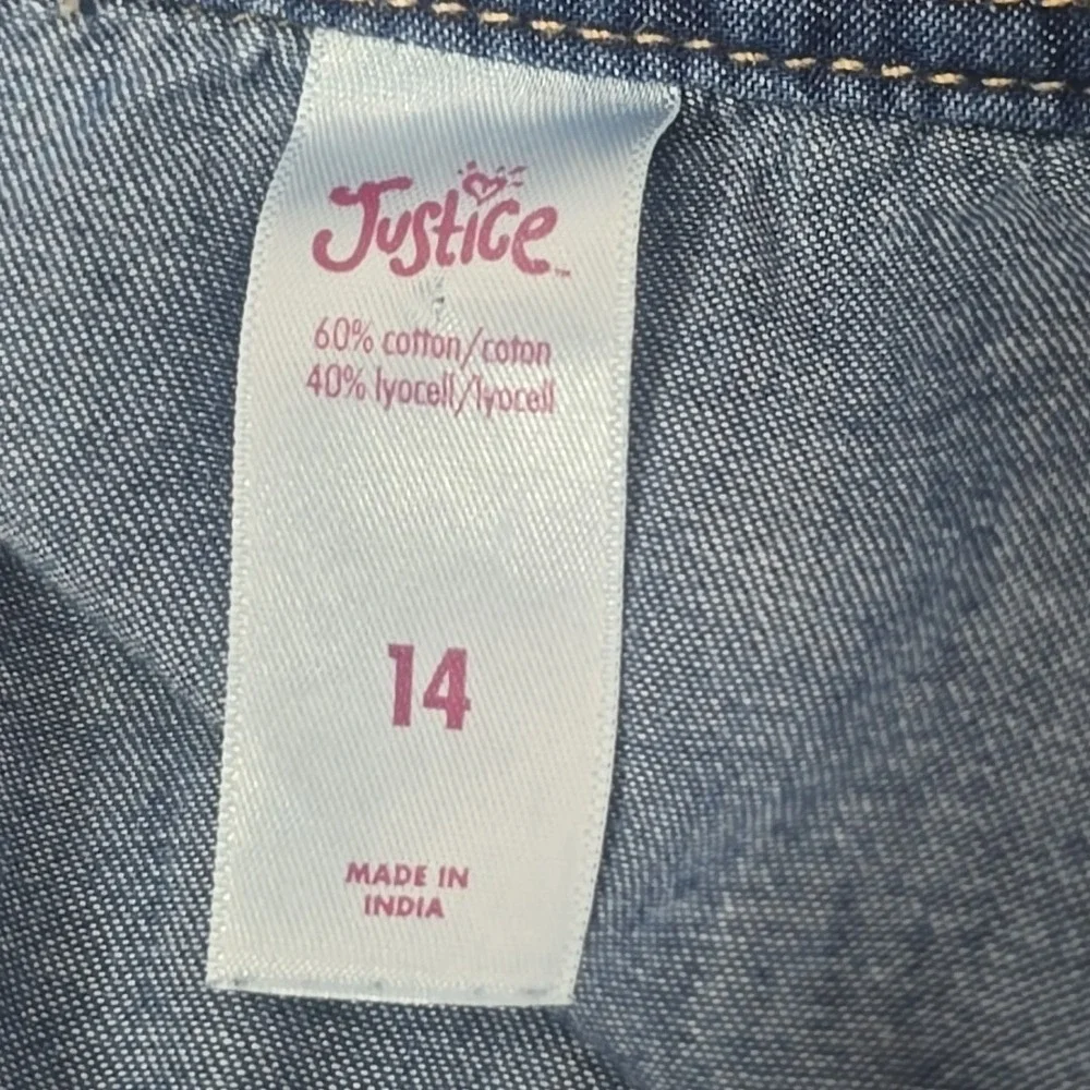 Justice Denim Shirt Dress Girls Size 14 Blue Rhinestone Embellished Long Sleeve